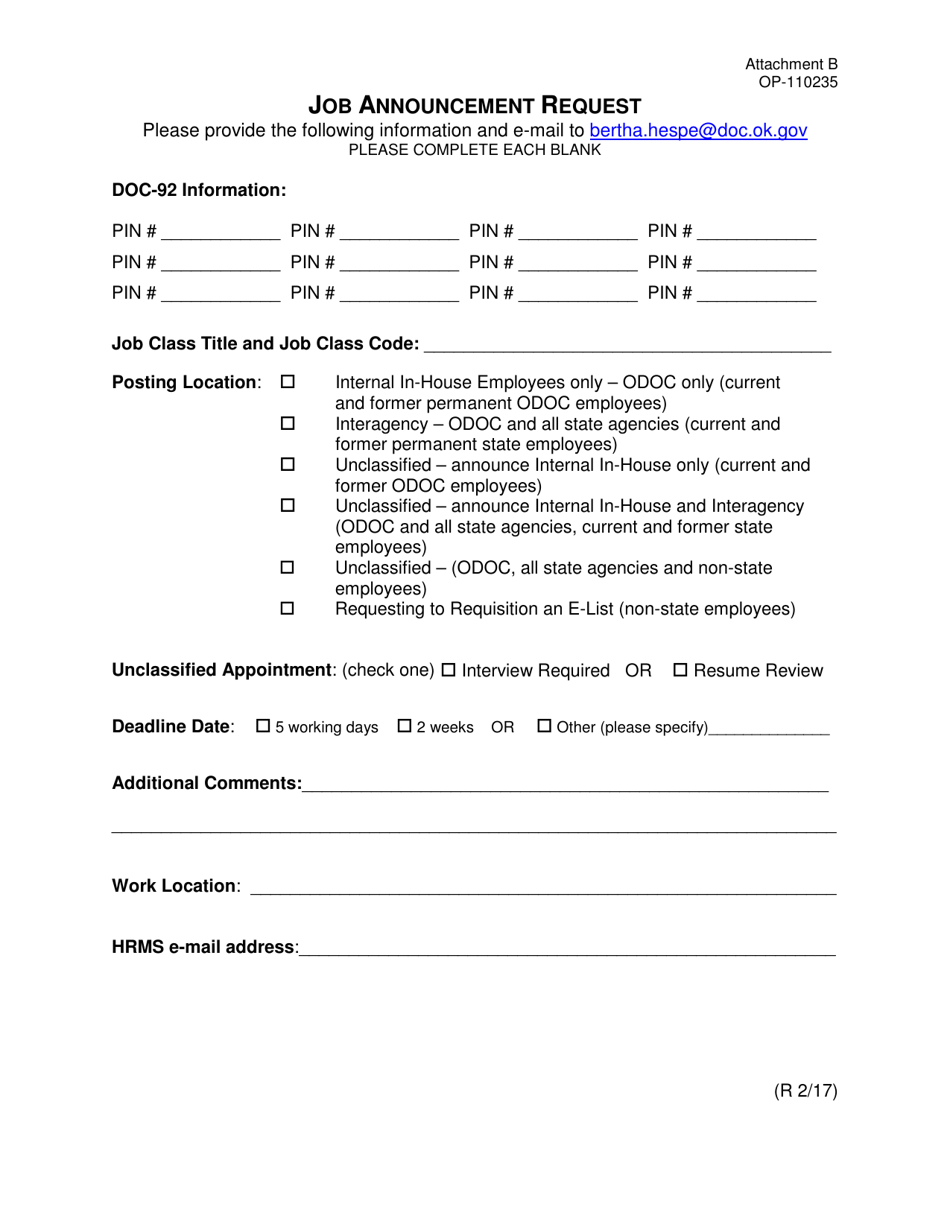 DOC Form OP-110235 Attachment B Job Announcement Request - Oklahoma, Page 1