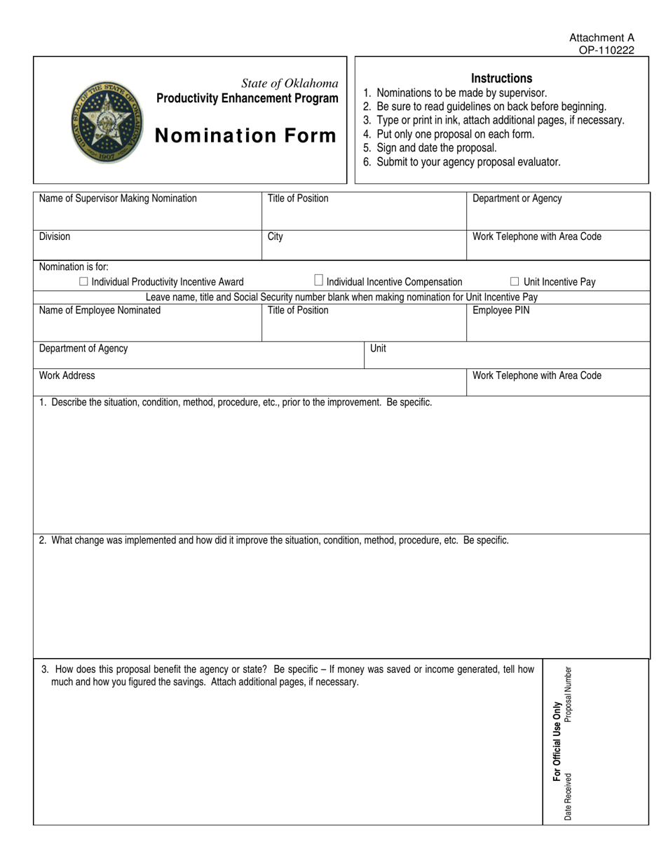 DOC Form OP-110222 Attachment A Productivity Enhancement Program Nomination Form - Oklahoma, Page 1