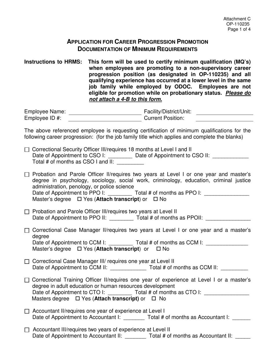 DOC Form OP-110235 Attachment C Application for Career Progression Promotion Documentation of Minimum Requirements - Oklahoma, Page 1