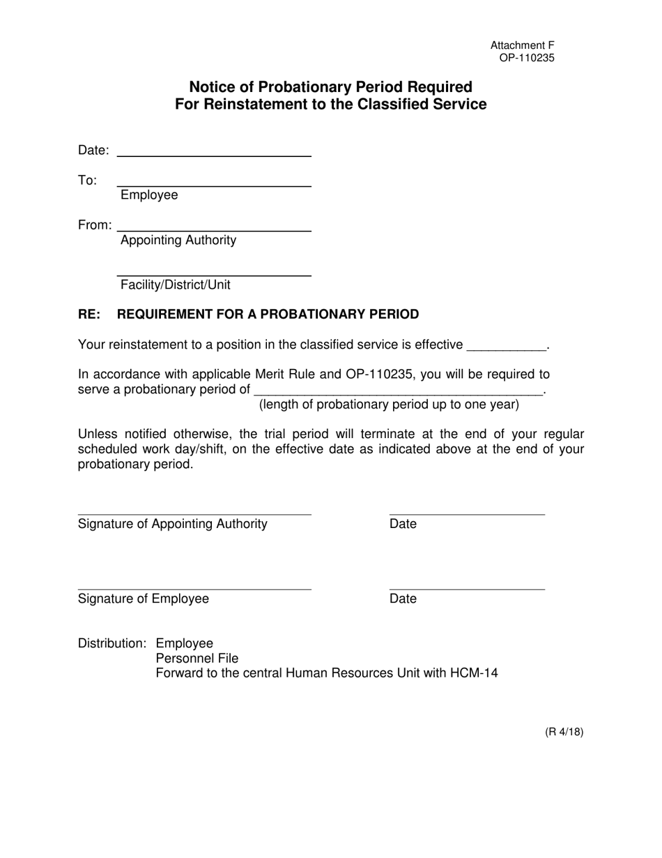 DOC Form OP-110235 Attachment F Notice of Probationary Period Required for Reinstatement to the Classified Service - Oklahoma, Page 1