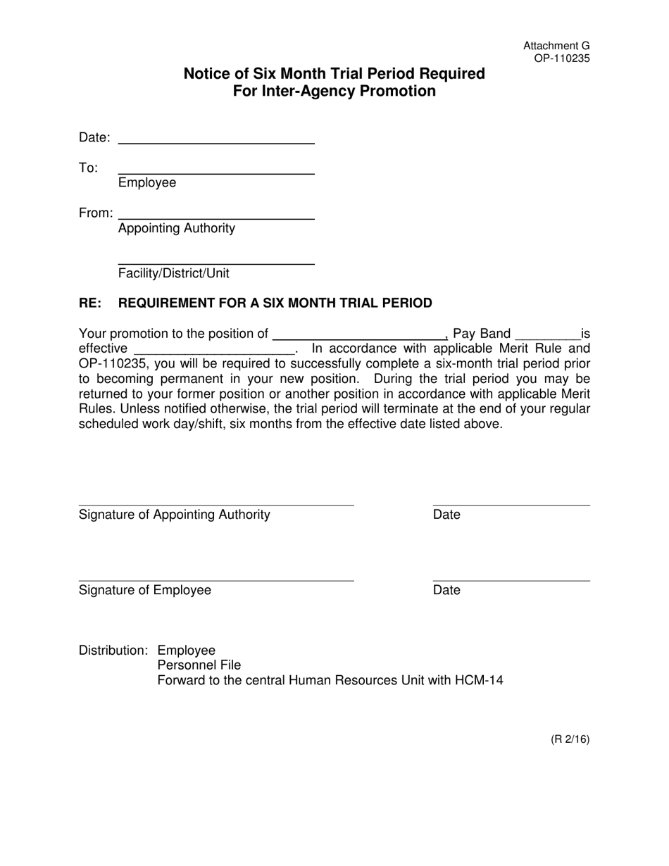 DOC Form OP-110235 Attachment G Notice of Six Month Trial Period Required for Inter-Agency Promotion - Oklahoma, Page 1