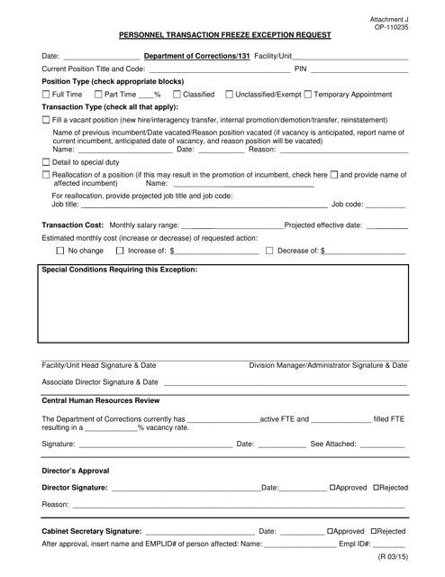 DOC Form OP-110235 Attachment J Personnel Transaction Freeze Exception Request - Oklahoma