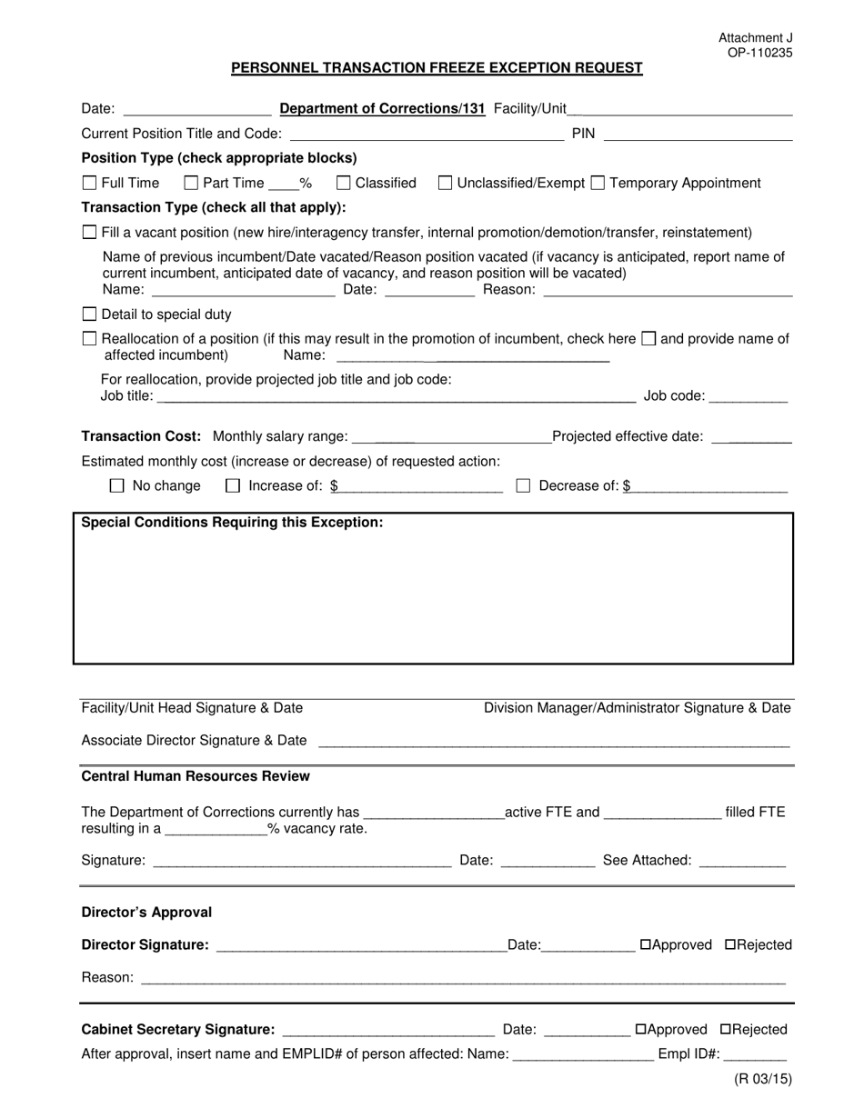 DOC Form OP-110235 Attachment J Personnel Transaction Freeze Exception Request - Oklahoma, Page 1