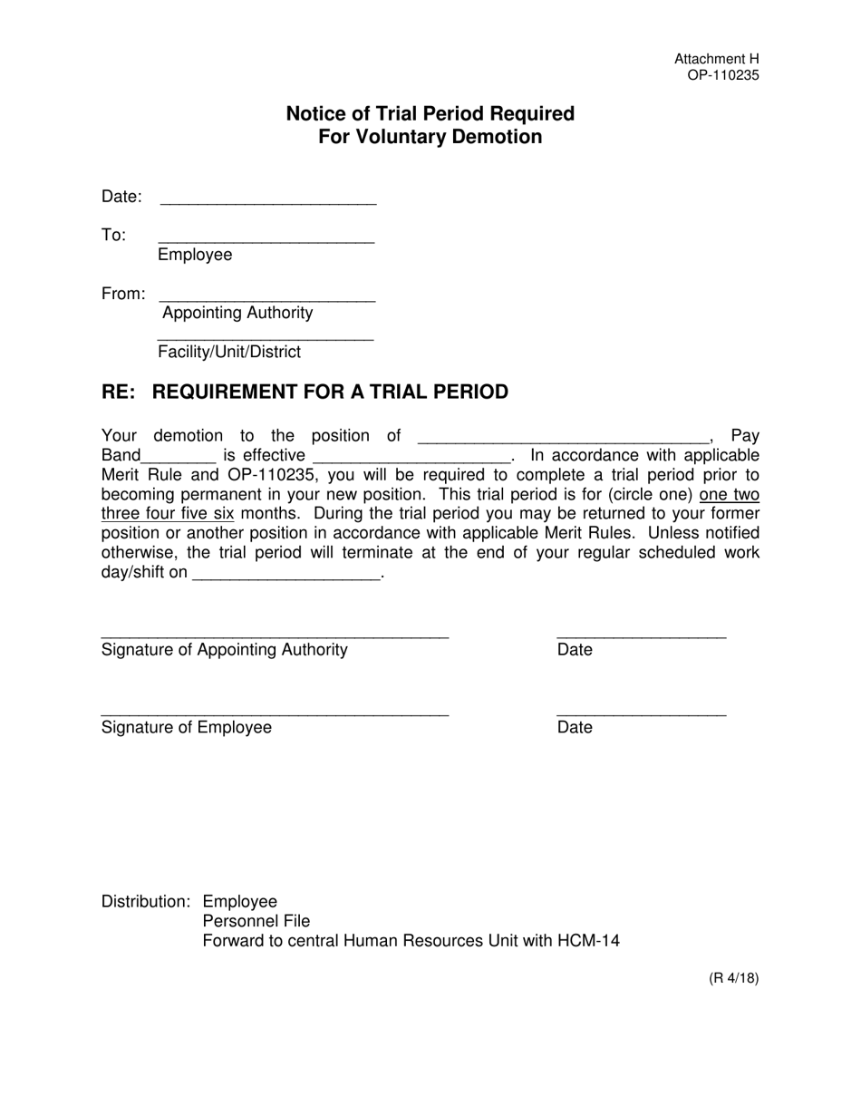 DOC Form OP-110235 Attachment H Notice of Trial Period Required for Voluntary Demotion - Oklahoma, Page 1