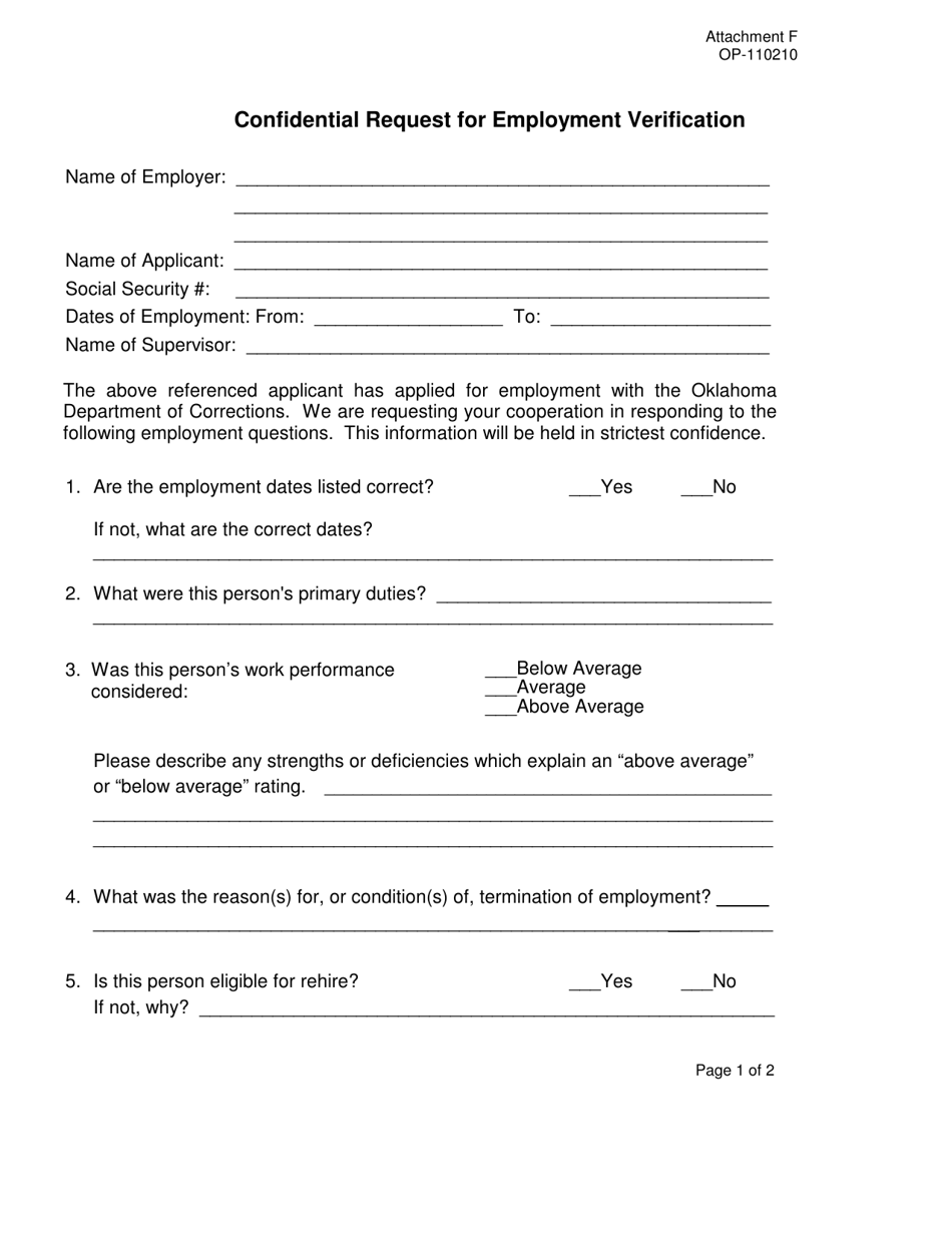 DOC Form OP-110210 Attachment F Confidential Request for Employment Verification - Oklahoma, Page 1