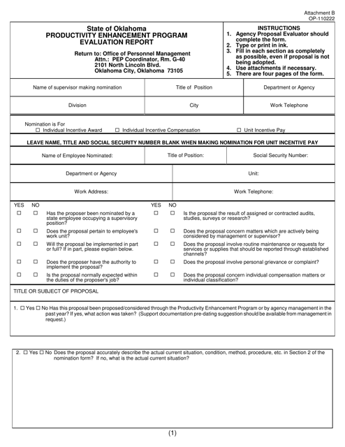 DOC Form OP-110222 Attachment B Productivity Enhancement Program Evaluation Report - Oklahoma