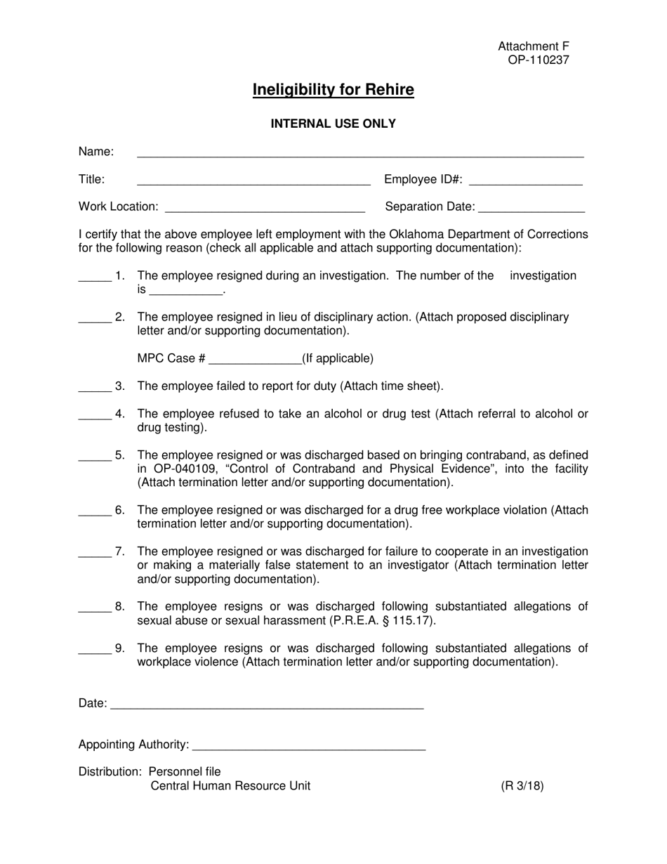 DOC Form OP-110237 Attachment F Ineligibility for Rehire - Oklahoma, Page 1