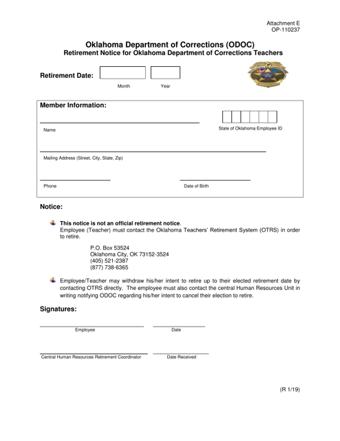 DOC Form OP-110237 Attachment E Retirement Notice for Oklahoma Department of Corrections Teachers - Oklahoma