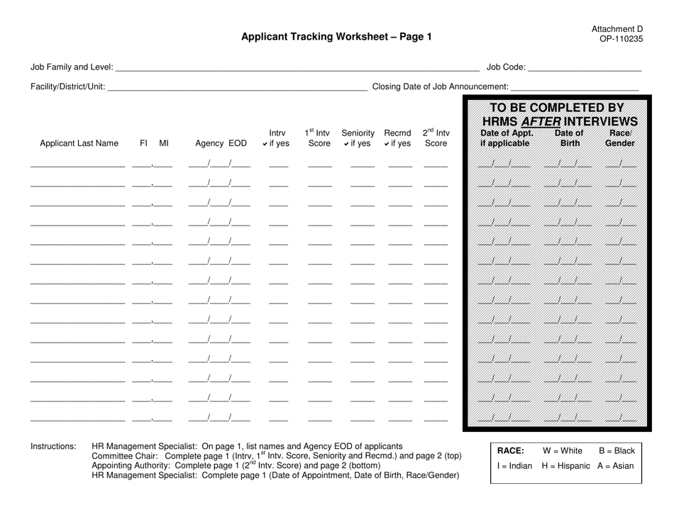 DOC Form OP-110235 Attachment D Applicant Tracking Worksheet - Oklahoma, Page 1
