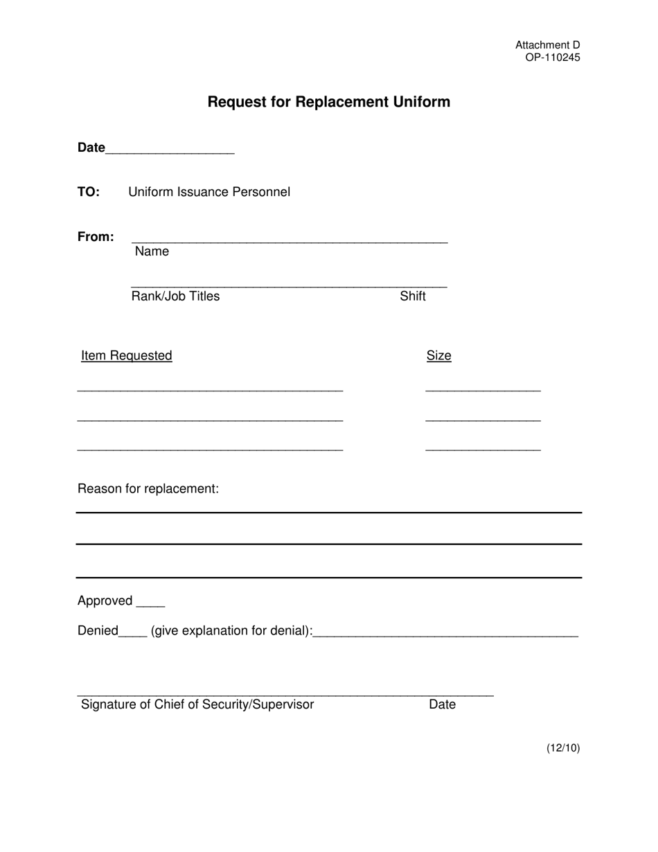 DOC Form OP-110245 Attachment D Request for Replacement Uniform - Oklahoma, Page 1