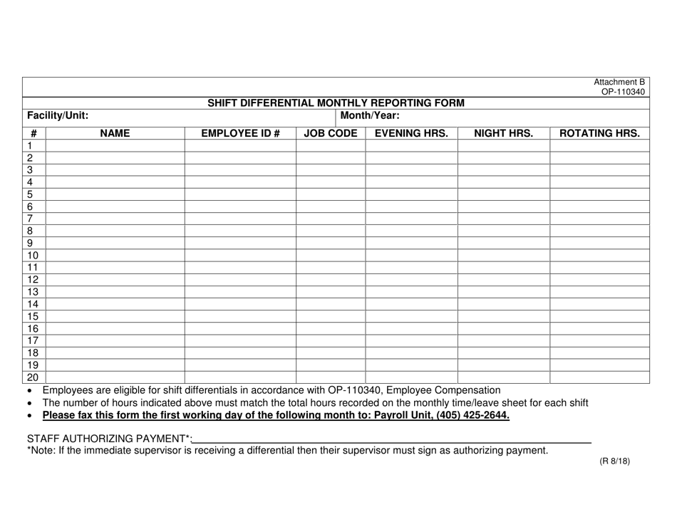 DOC Form OP-110340 Attachment B Shift Differential Monthly Reporting Form - Oklahoma, Page 1