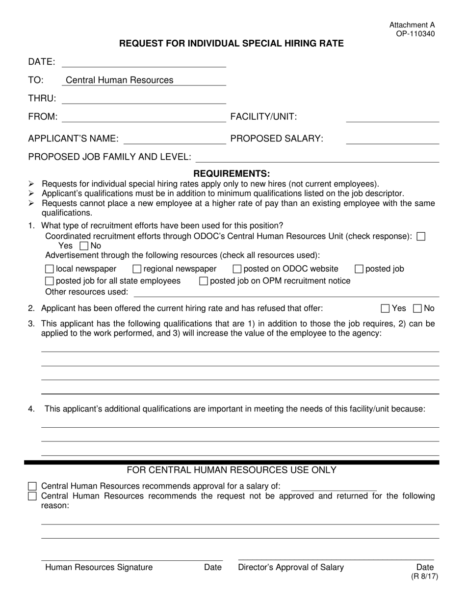 DOC Form OP-110340 Attachment A Request for Individual Special Hiring Rate - Oklahoma, Page 1