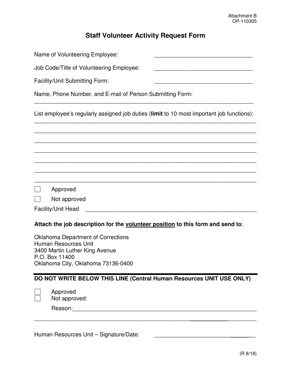 DOC Form OP-110305 Attachment B Staff Volunteer Activity Request Form - Oklahoma, Page 1
