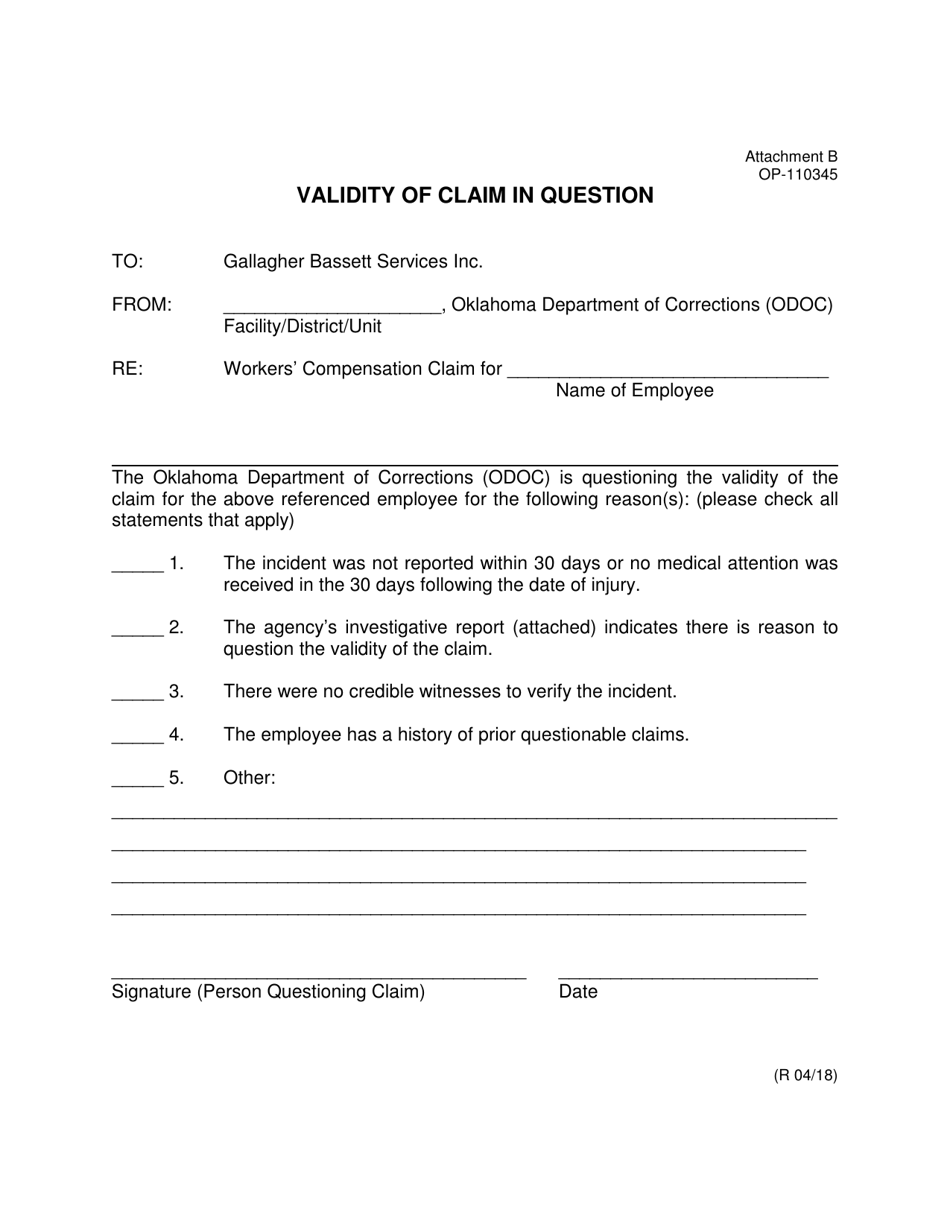DOC Form OP-110345 Attachment B Validity of Claim in Question - Oklahoma, Page 1
