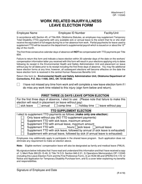 DOC Form OP-110345 Attachment C Work Related Injury/Illness Leave Election Form - Oklahoma