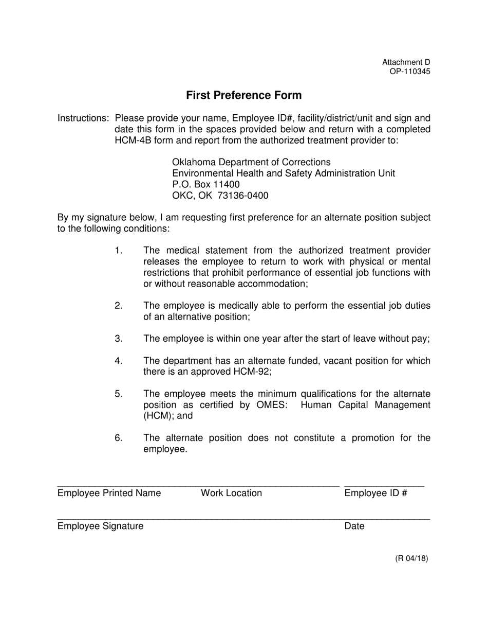 DOC Form OP-110345 Attachment D First Preference Form - Oklahoma, Page 1