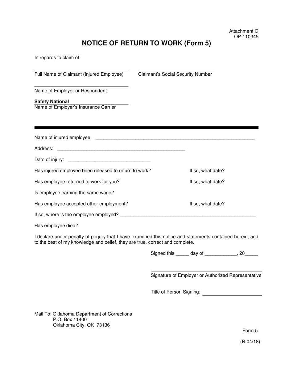 DOC Form OP-110345 Attachment G Notice of Return to Work (Form 5) - Oklahoma, Page 1