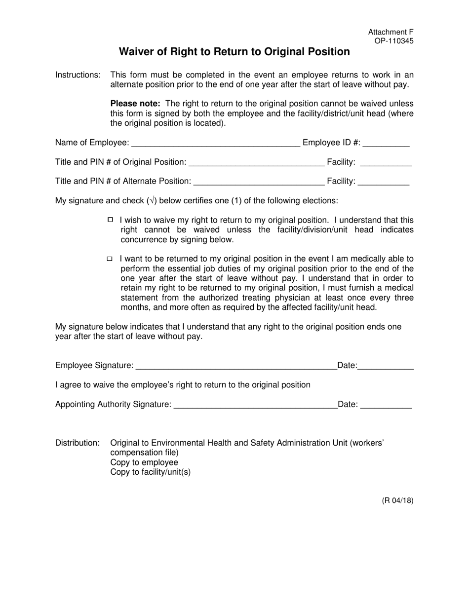 DOC Form OP-110345 Attachment F Waiver of Right to Return to Original Position - Oklahoma, Page 1