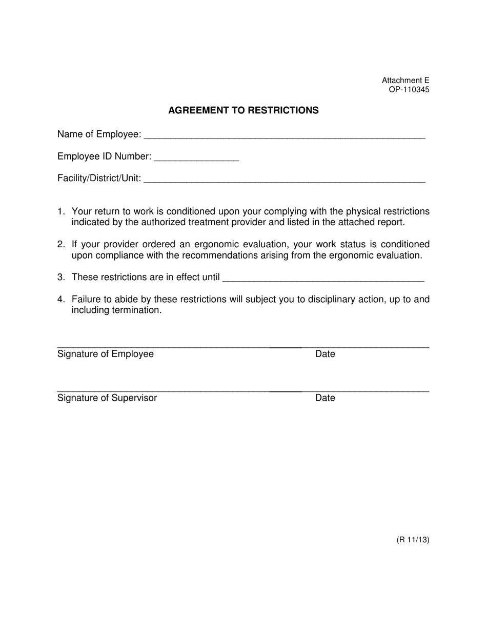 DOC Form OP-110345 Attachment E Agreement to Restrictions - Oklahoma, Page 1