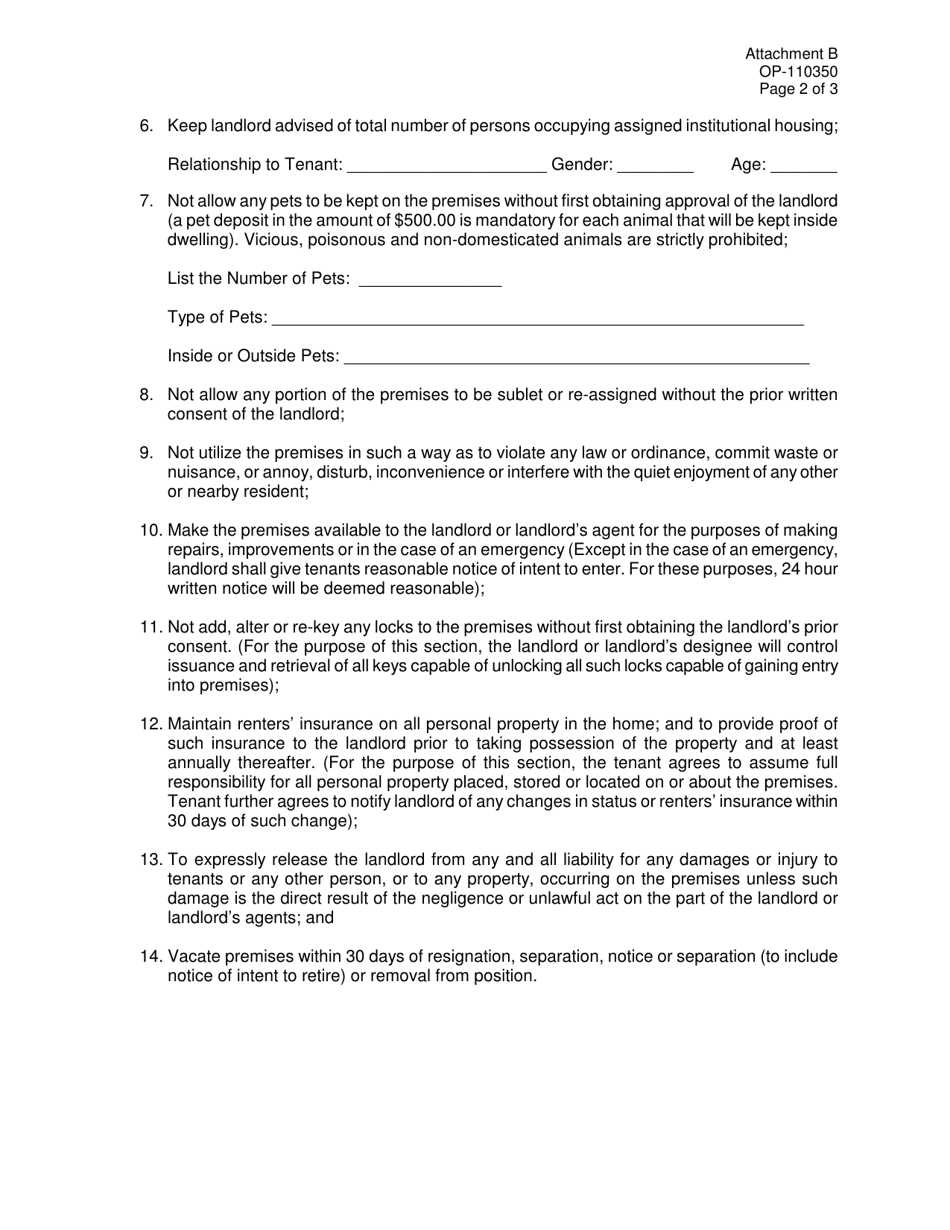 DOC Form OP-110350 Attachment B Housing Agreement (Institutional Personnel) - Oklahoma, Page 2