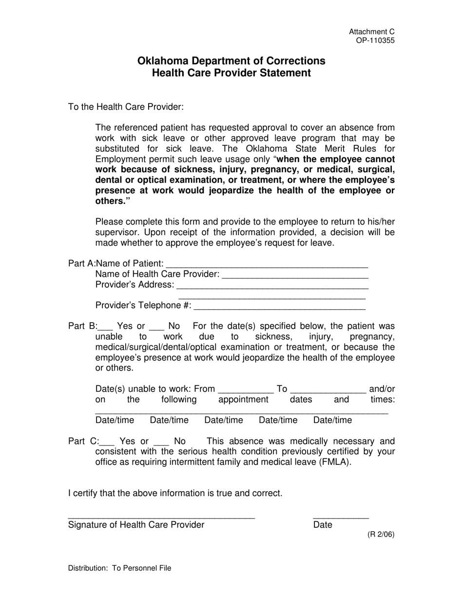 DOC Form OP-110355 Attachment C Health Care Provider Statement - Oklahoma, Page 1