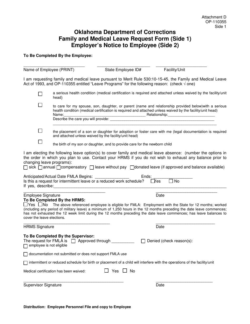 DOC Form OP-110355 Attachment D Family and Medical Leave Request Form (Side 1) Employers Notice to Employee (Side 2) - Oklahoma, Page 1