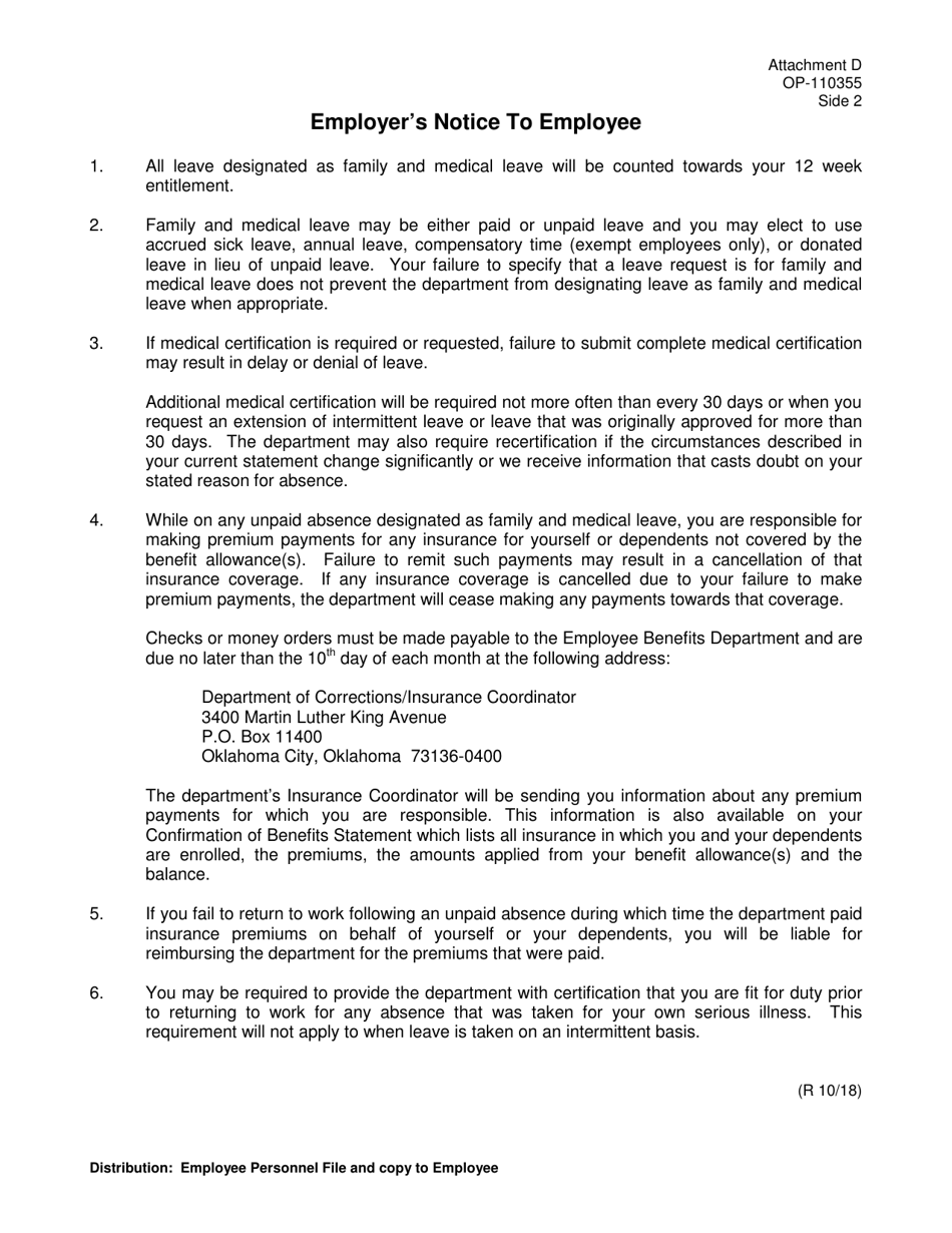 DOC Form OP-110355 Attachment D Family and Medical Leave Request Form (Side 1) Employers Notice to Employee (Side 2) - Oklahoma, Page 2
