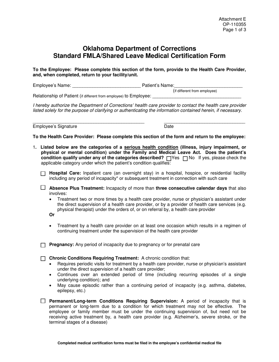 Form OP-110355 Attachment E Standard Fmla / Shared Leave Medical Certification Form - Oklahoma, Page 1