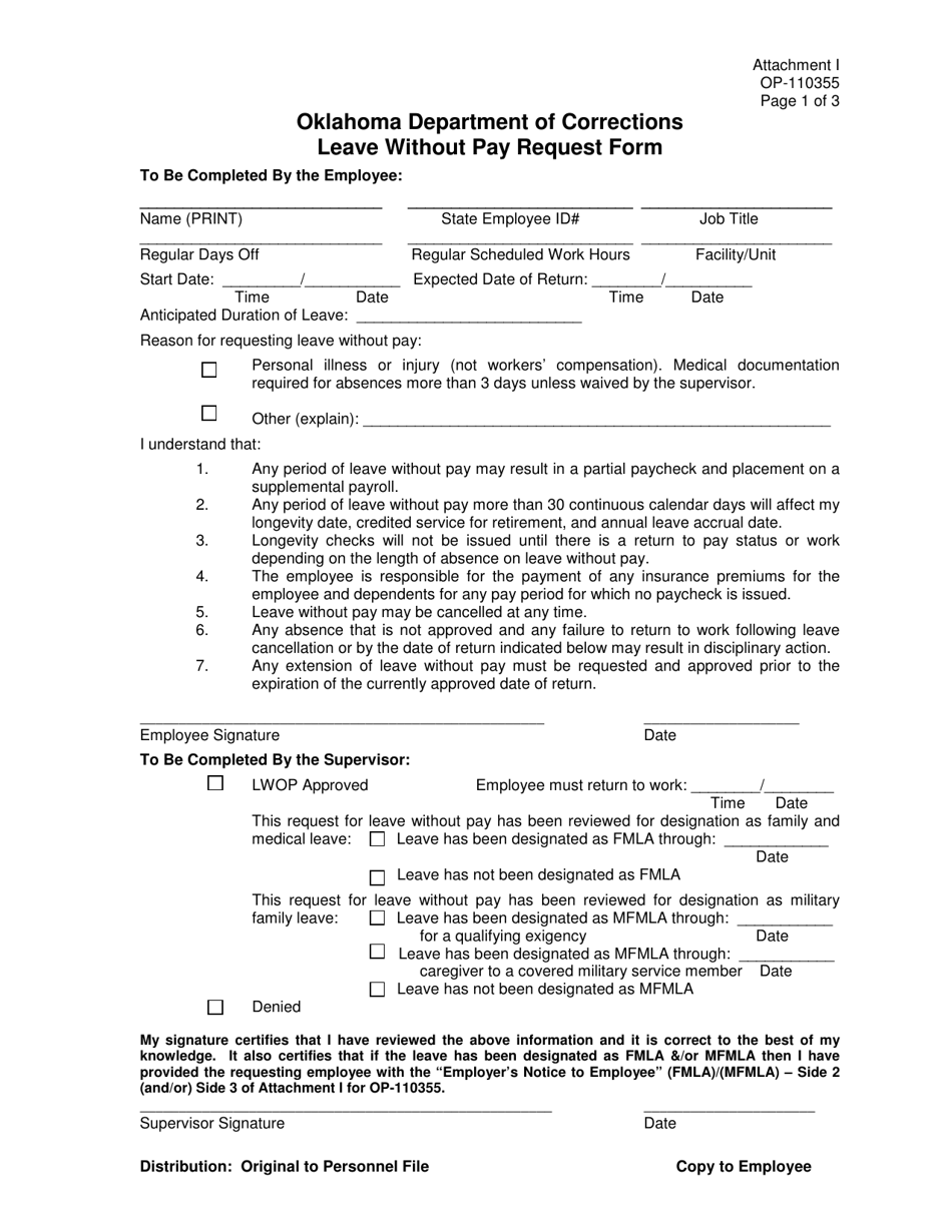DOC Form OP-110355 Attachment I Leave Without Pay Request Form - Oklahoma, Page 1