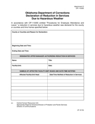 Document preview: DOC Form OP-110355 Attachment O Declaration of Reduction in Services Due to Hazardous Weather - Oklahoma