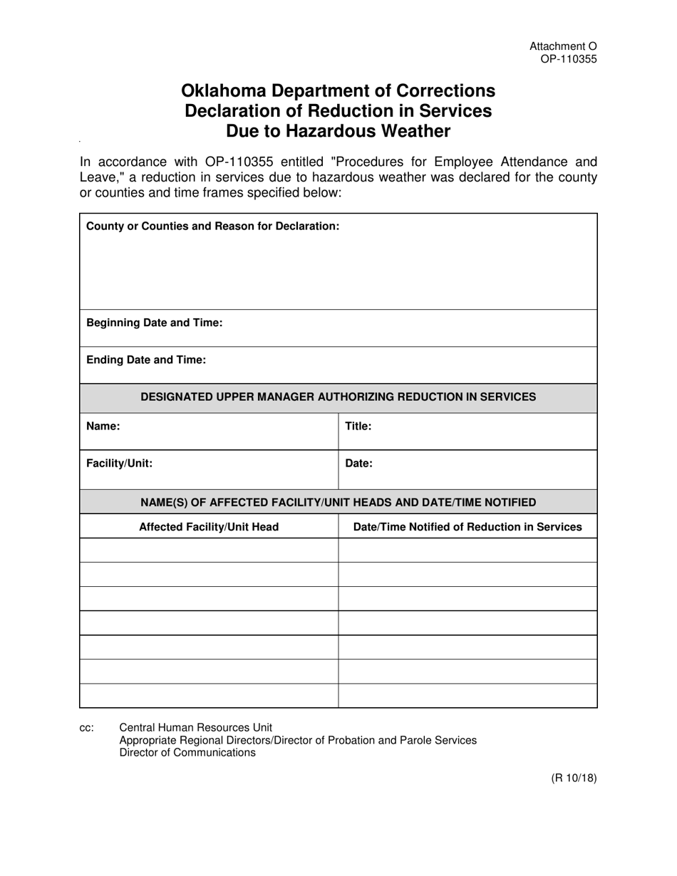 DOC Form OP-110355 Attachment O Declaration of Reduction in Services Due to Hazardous Weather - Oklahoma, Page 1