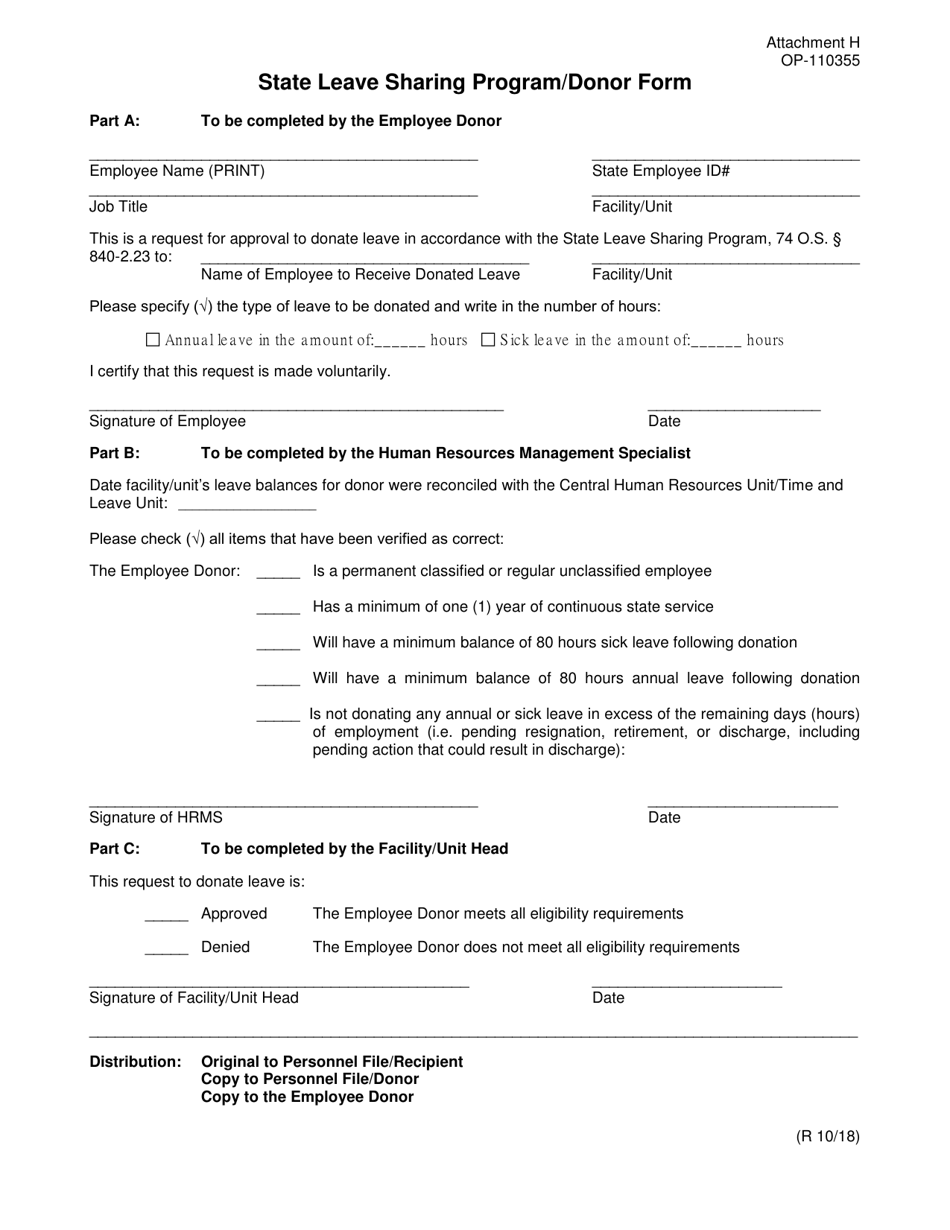 DOC Form OP-110355 Attachment H State Leave Sharing Program / Donor Form - Oklahoma, Page 1