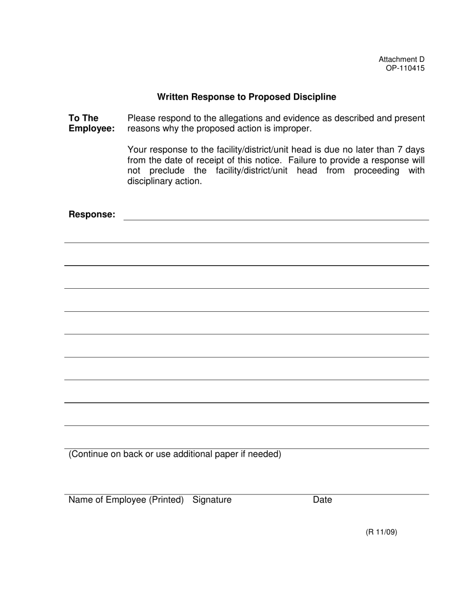 DOC Form OP-110415 Attachment D Written Response to Proposed Discipline - Oklahoma, Page 1