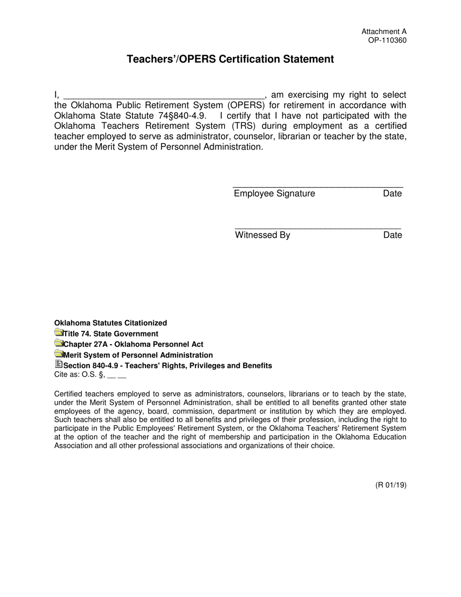 DOC Form OP-110360 Attachment A Teachers / Opers Certification Statement - Oklahoma, Page 1