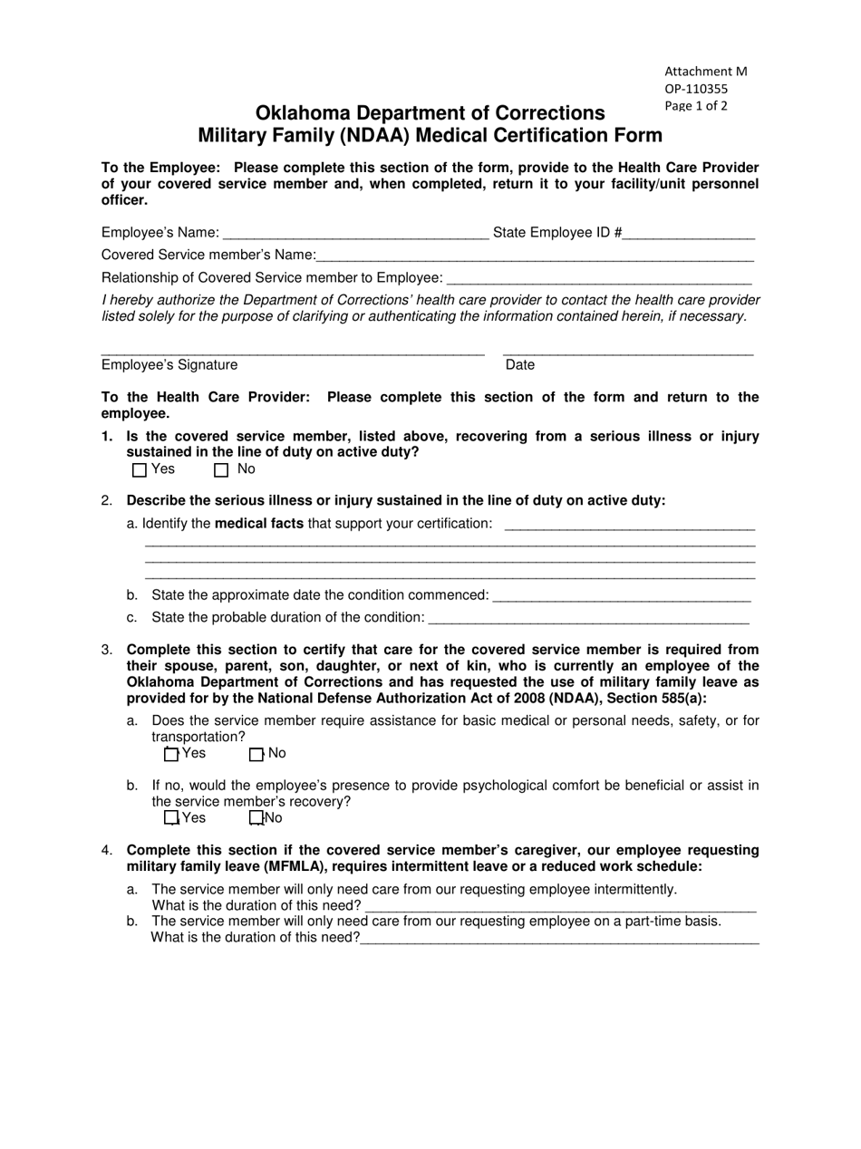 DOC Form OP-110355 Attachment M Military Family (Ndaa) Medical Certification Form - Oklahoma, Page 1