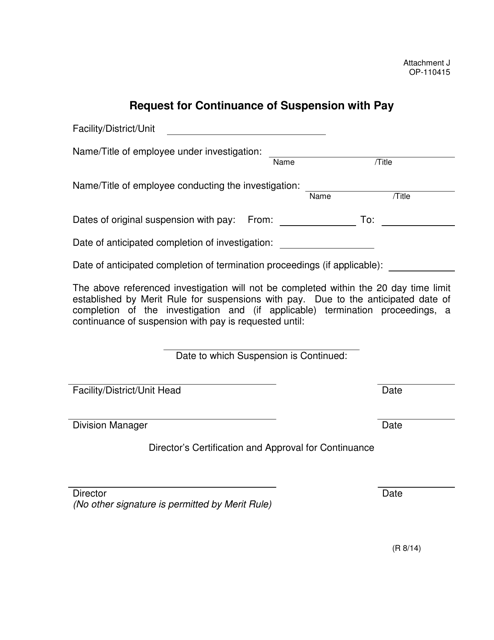 DOC Form OP-110415 Attachment J Request for Continuance of Suspension With Pay - Oklahoma