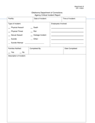 Document preview: DOC Form OP-110501 Attachment A Agency Critical Incident Report - Oklahoma