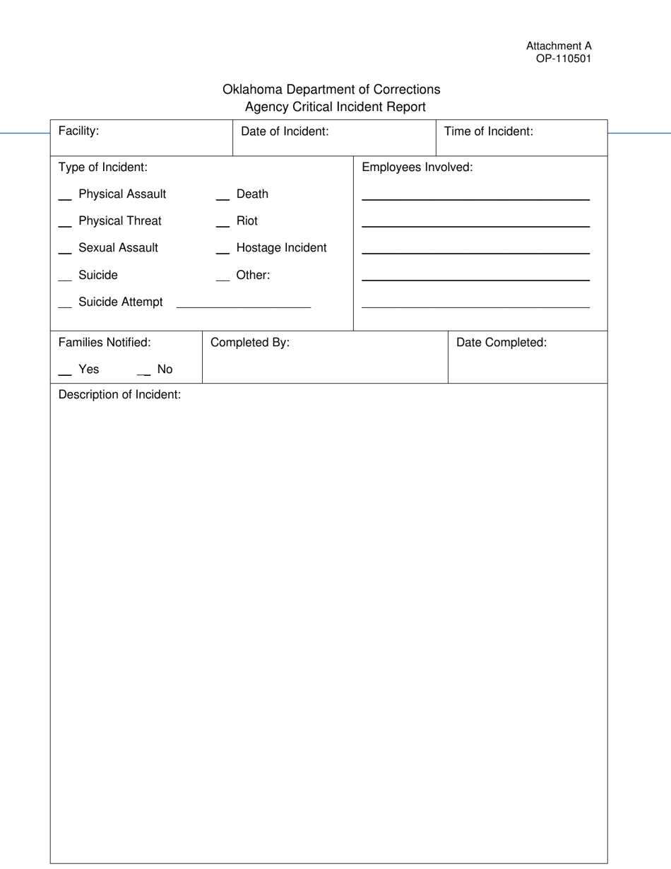 DOC Form OP-110501 Attachment A Agency Critical Incident Report - Oklahoma, Page 1