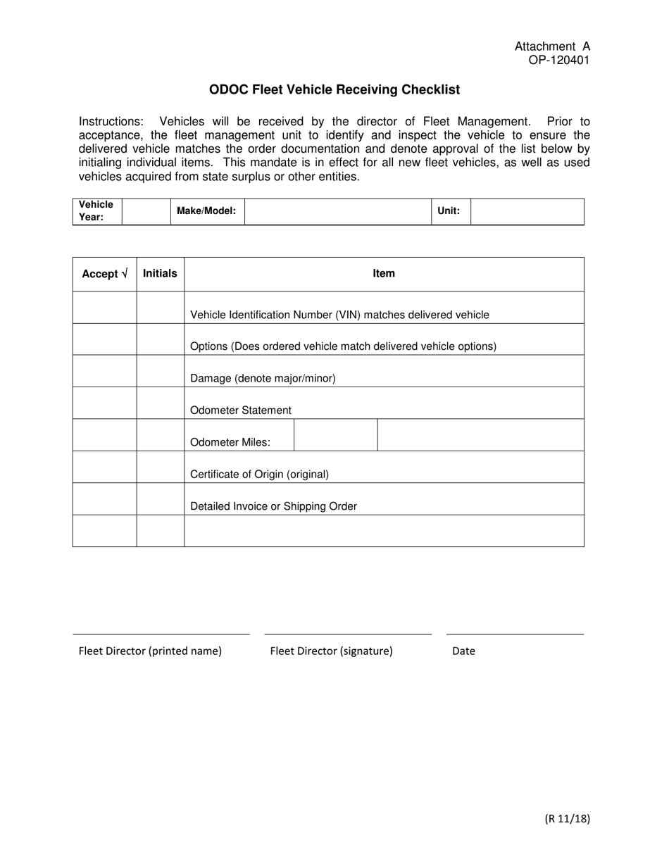 DOC Form OP-120401 Attachment A Odoc Fleet Vehicle Receiving Checklist - Oklahoma, Page 1