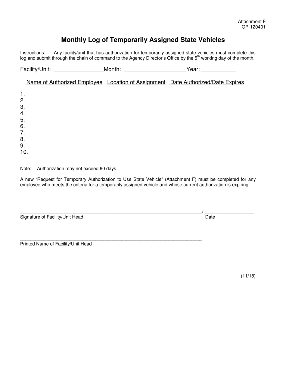 DOC Form OP-120401 Attachment F Monthly Log of Temporarily Assigned State Vehicles - Oklahoma, Page 1