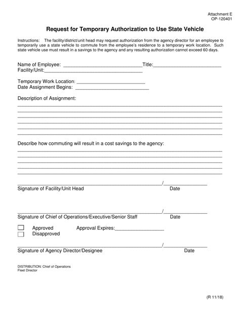 DOC Form OP-120401 Attachment E Request for Temporary Authorization to Use State Vehicle - Oklahoma