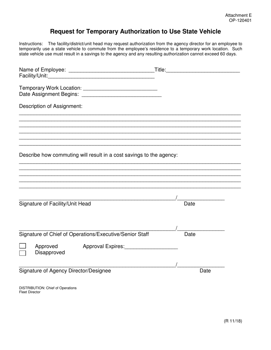 DOC Form OP-120401 Attachment E Request for Temporary Authorization to Use State Vehicle - Oklahoma, Page 1