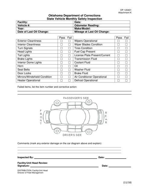 DOC Form OP-120401 Attachment K State Vehicle Monthly Safety Inspection - Oklahoma