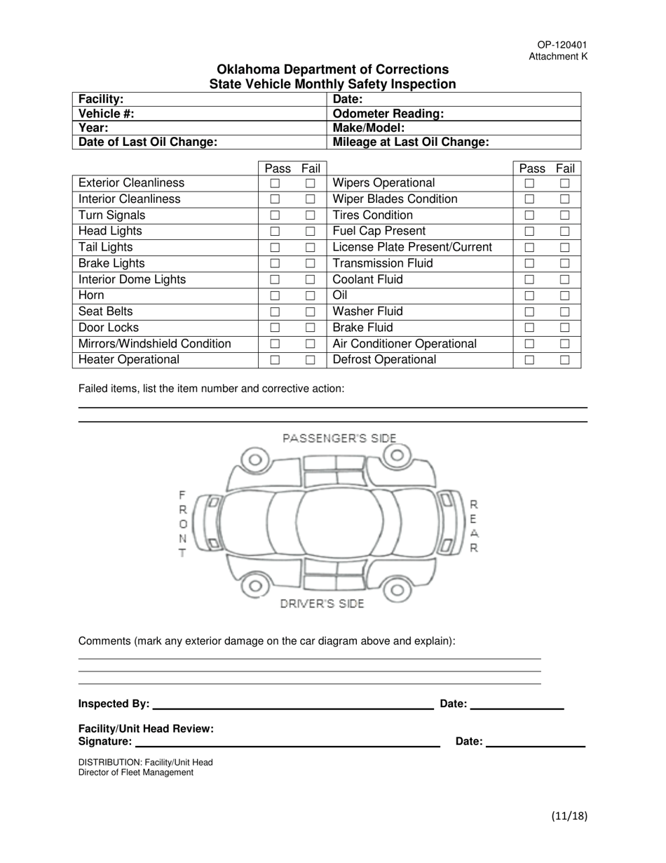DOC Form OP-120401 Attachment K State Vehicle Monthly Safety Inspection - Oklahoma, Page 1