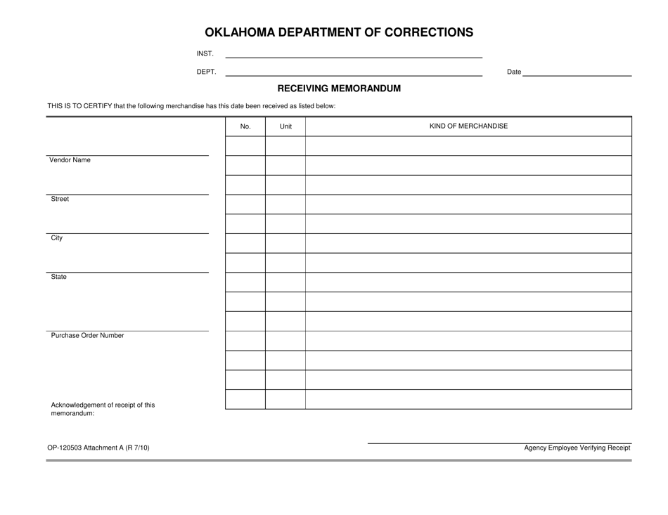 DOC Form OP-120503 Attachment A Receiving Memorandum - Oklahoma, Page 1