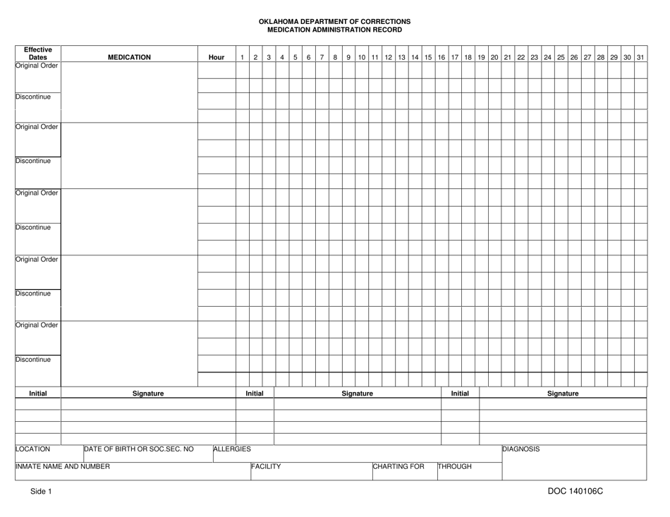 Form OP-140106C Medication Administration Record - Oklahoma, Page 1