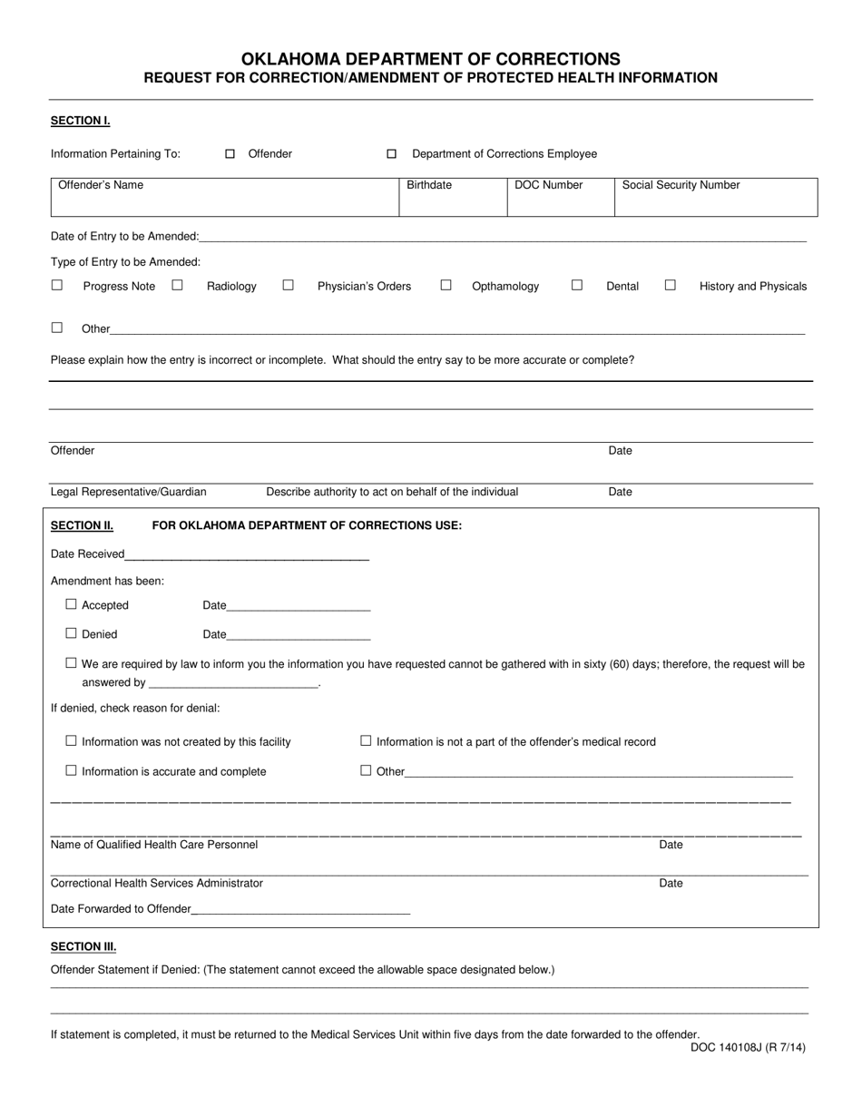 Form OP-140108J Request for Correction / Amendment of Protected Health Information - Oklahoma, Page 1