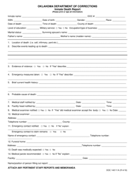 Document preview: DOC Form OP-140111A Inmate Death Report - Oklahoma