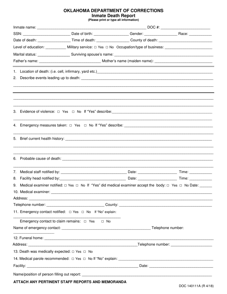 DOC Form OP-140111A Inmate Death Report - Oklahoma, Page 1