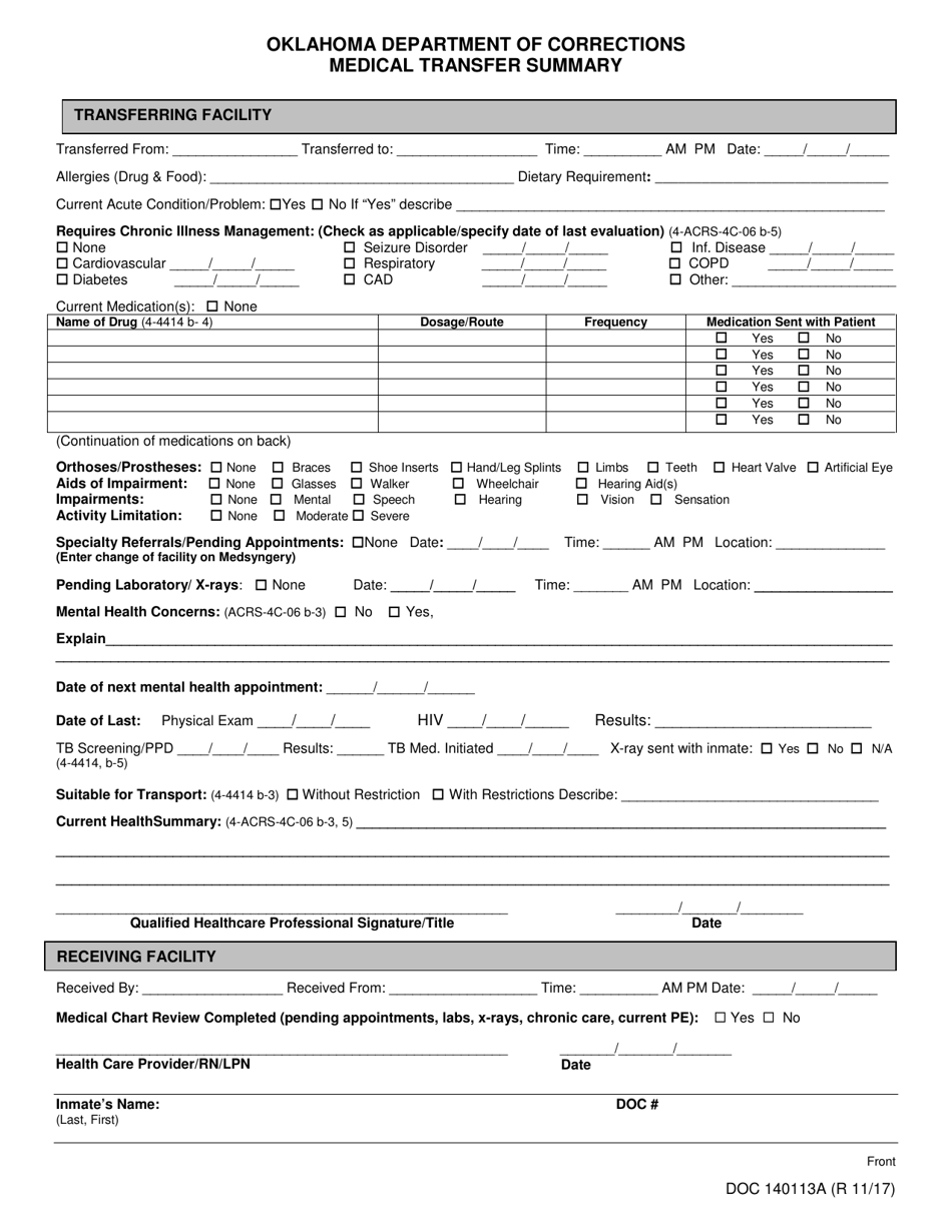 DOC Form OP-140113A Medical Transfer Summary - Oklahoma, Page 1